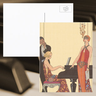 Vintage muziek, Art Deco pianist musicus zanger Briefkaart