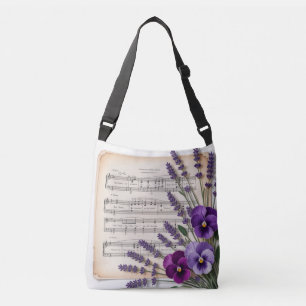 Vintage muziek en lavendel viooltjes bloemstuk crossbody tas