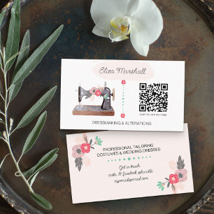 Vintage Naaimachine en QR-code Boho Bloem Visitekaartje