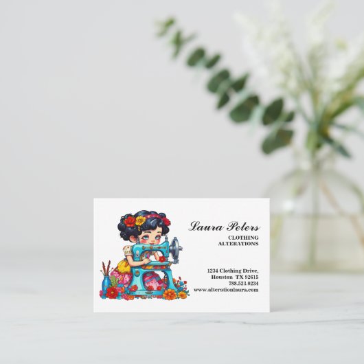 Vintage naaimachine meisje bloemen verandering visitekaartje (Staand voorkant)