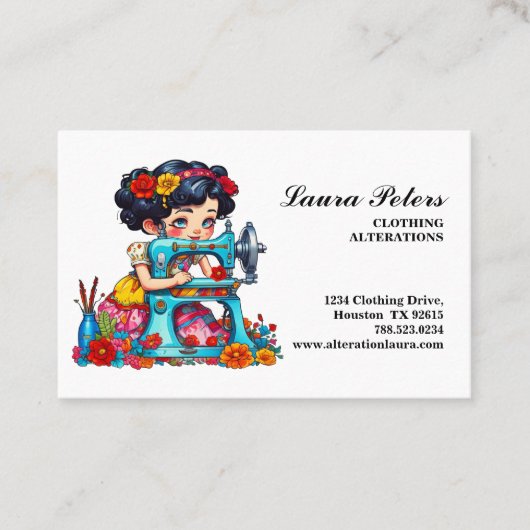 Vintage naaimachine meisje bloemen verandering visitekaartje (Voorkant)