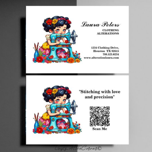 Vintage naaimachine meisje bloemen verandering visitekaartje