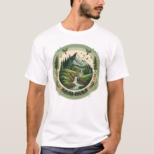 Vintage Nature Landscape Mountain Scene T-shirt (Voorkant)