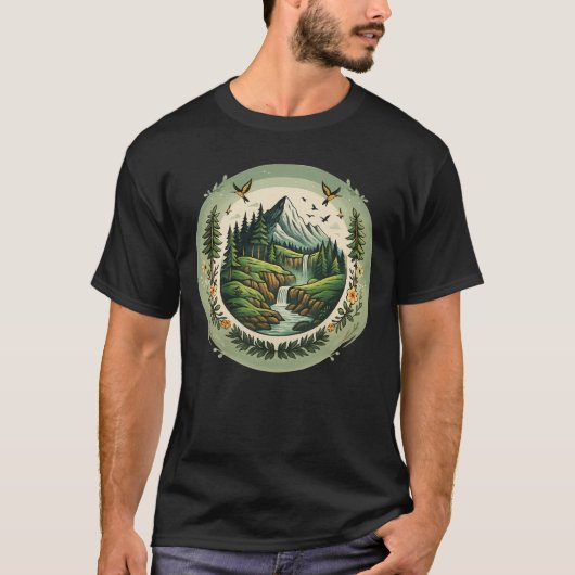 Vintage Nature Landscape Mountain Scene T-shirt (Voorkant)