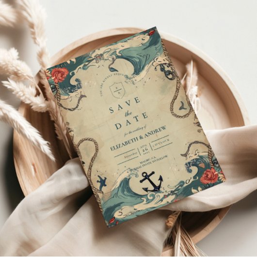 Vintage Nautical Golven & Touw Trouwen Save The Date