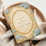 Vintage Nautical Hydrangea Wedding Save The Date<br><div class="desc">A romantic coastal wedding design inspired by classic seaside celebrations. Soft watercolor blue hydrangeas, seashells, rope details, and small nautical anchors frame an elegant scalloped label on a warm parchment background. The vintage illustration style blends botanical garden elegance with subtle nautical elements, creating a refined seaside aesthetic perfect for beach...</div>