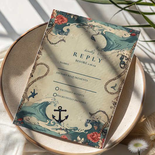 Vintage Nautical Waves & Rope Wedding RSVP Kaartje