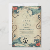 Vintage Nautical Waves & Rope Wedding Save The Date (Voorkant)