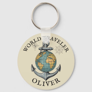 Vintage Nautilus Wereldbol & Anker Sleutelhanger