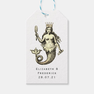 Vintage Nautische Blauwe en Gouden Zeemeermin Cadeaulabel