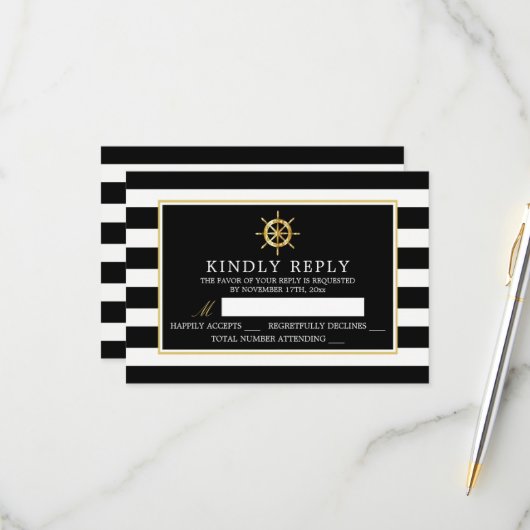 Vintage Nautische Gouden Wiel, Zwart & Goud Huweli RSVP Kaartje (Voorkant / Achterkant in situ)