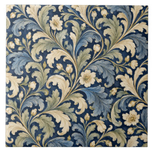 Vintage Navy Blauwe Acanthus Botanische Keramische Tegeltje