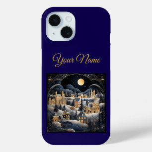 Vintage Navy Blauwe & Gouden Kerst iPhone 15 Hoes