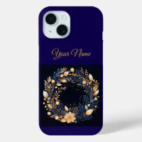 Vintage Navy Blauwe & Gouden Kerst iPhone 15 Hoes