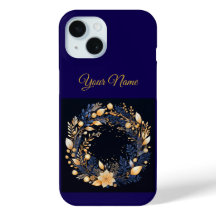 Vintage Navy Blauwe & Gouden Kerst iPhone 15 Hoes