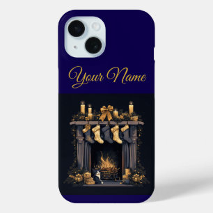 Vintage Navy Blauwe & Gouden Kerst iPhone 15 Hoes