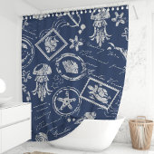 Vintage Navy Blauwe Zee Stempel Douchegordijn