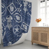 Vintage Navy Blauwe Zee Stempel Douchegordijn