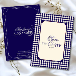 Vintage Navy Blue Checkered Old Money Wedding Save The Date