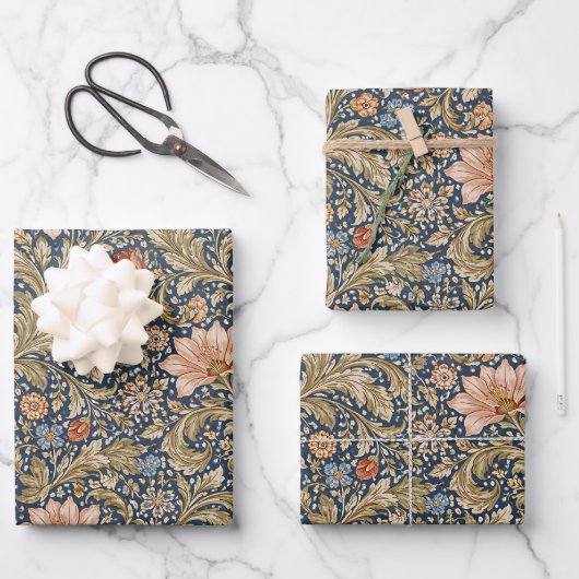 Vintage Navy Blue Floral Inpakpapier Vel (Voorkant)