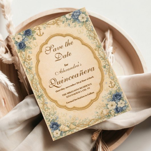 Vintage Navy Coastal Quinceañera Save The Date
