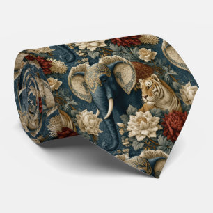 Vintage Navy Crimson Chintz Olifant en Tijger Stropdas
