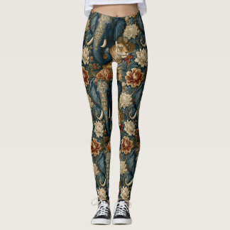 Vintage Navy en Oranje Chintz Olifant Tijger Boho Leggings