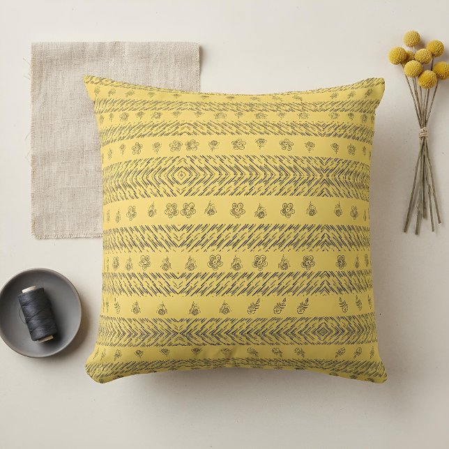 Vintage Navyblauw Boho Geel Bloemstuk Cadeau Kussen (Creator heeft geüpload)