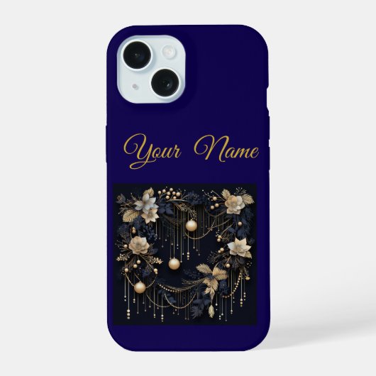 Vintage Navyblauw & Goud Kerst iPhone 15 Slim Case (Achterkant)