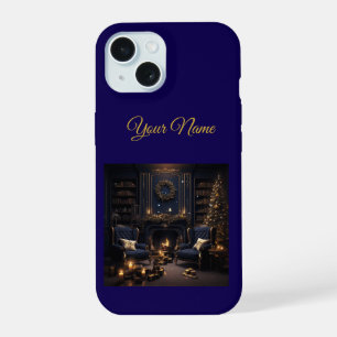 Vintage Navyblauw & Goud Kerst iPhone 15 Slim Hoes Case