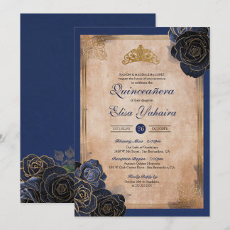 Vintage Navyblauw Gouden Rozen Koninklijke Quincea Kaart