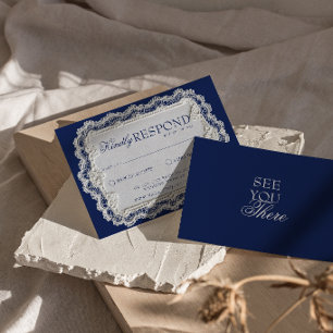 Vintage Navyblauw Kant Fantasie Retro Bruiloft RSVP Kaartje