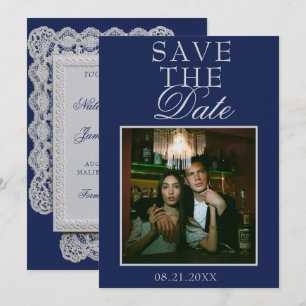 Vintage Navyblauw Kant Foto Fancy Bruiloft Save The Date