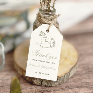Vintage Neutrale Olijfgroene Schommelende Paard Ba Cadeaulabel