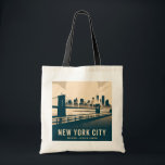 Vintage New York City Manhattan Skyline Minimalist Tote Bag<br><div class="desc">This vintage-inspired New York City poster captures the iconic Brooklyn Bridge and Manhattan skyline rising over the East River, blending timeless architecture with elegant design. Styled after classic WPA travel posters and art deco prints, it celebrates the spirit of the city with bold geometric shapes, minimalist lines, and a warm...</div>