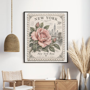 Vintage New York Roos Staatsbloem Postzegel Poster