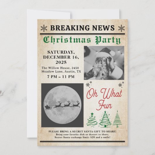 Vintage Newspaper Tree Christmas Party Kaart (Voorkant)