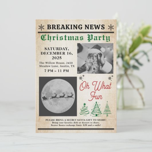 Vintage Newspaper Tree Christmas Party Kaart (Staand voorkant)