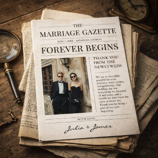 Vintage Newspaper Wedding Photo Thank You Card Bedankkaart