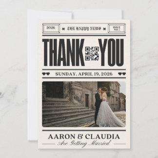 Vintage Newspaper Wedding Thank You Card with QR Bedankkaart