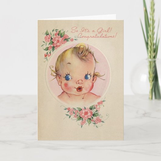 Vintage Nieuwe Baby Meisje Gefeliciteerd Kaart (Voorkant)