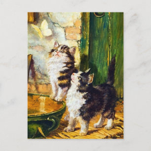 Vintage Nieuwe Kittens Vlinder Kat Kunst Briefkaart