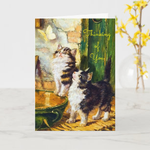 Vintage Nieuwsgierige Kittens Vlinder Denk Aan Jou Kaart