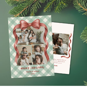 Vintage Nostalgische Rode Strik Kerst Vier Foto's Feestdagenkaart