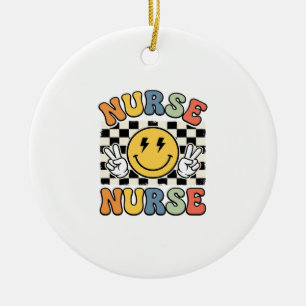 Vintage Nurse Smiley Geruite Shirt Ontwerp_1 Keramisch Ornament