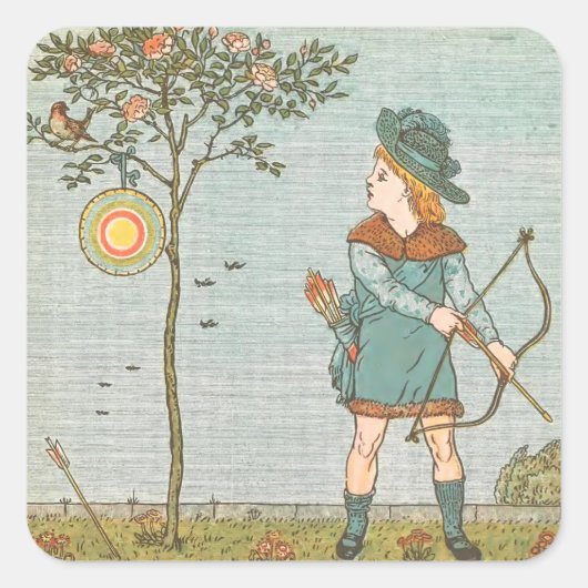 Vintage Nursery Rhyme Illustration Boy Bow Arrow Vierkante Sticker (Voorkant)