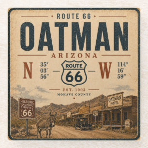 Vintage Oatman Arizona Route 66 Kunst Coördinaten Glazen Onderzetter