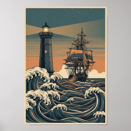 Vintage Oceaan Vuurtoren Print Posters (Voorkant)