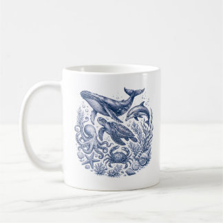 Vintage Oceaanleven Blauw en Wit Nautilus Koffiemok