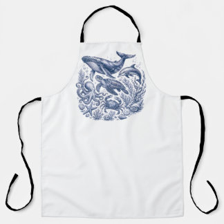 Vintage Oceaanleven Blauw en Wit Nautilus Schort